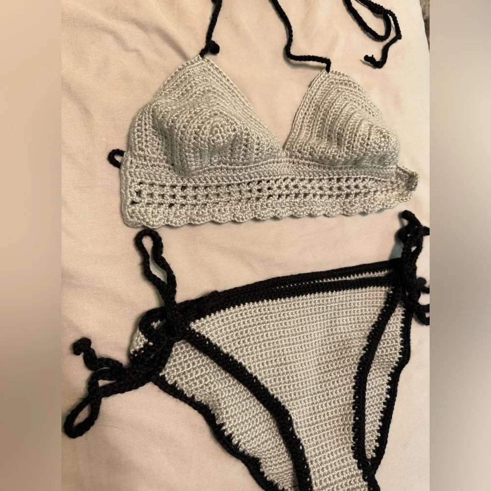 Handmade knit/crochet grey and black bikini rave festival two piece set